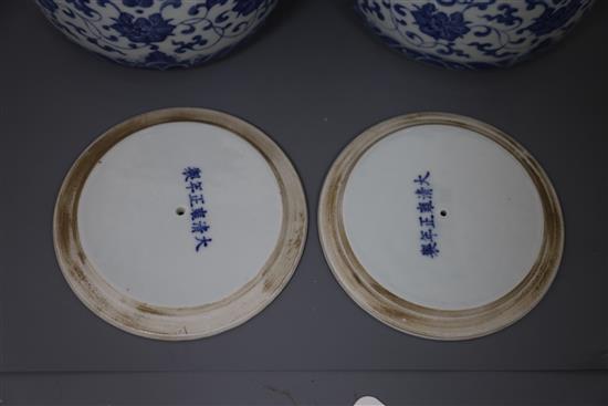 A pair of Chinese blue and white jars and covers, Yongzheng marks but later, D. 13.5cm